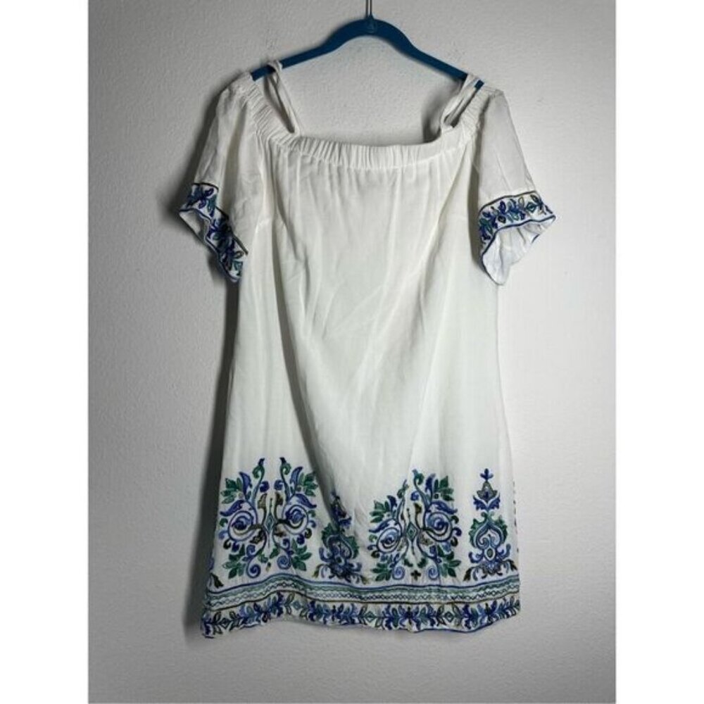 SANDRA DARREN BOHEMIAN WHITE LINED COLD SHOULDER SHIFT DRESS EMBROIDERED SIZE 12